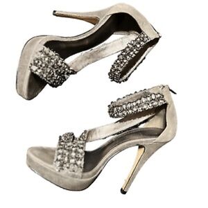 Pelle Moda Pewter Suede Rhinestone Embellished Platform Stiletto
